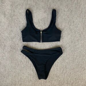 Zaful Black Zipper Front Top Left Side Slit Bottoms Bikini Bathing Swimming Suit